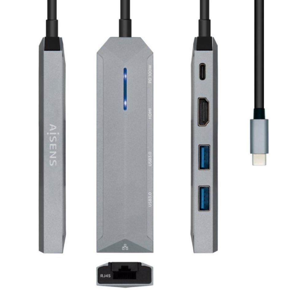 Docking USB 3.2 Tipo-C Aisens ASUC-5P003-GR/ 1 HDMI/ 2 USB/ 1 RJ45/ USB PD/ Gris