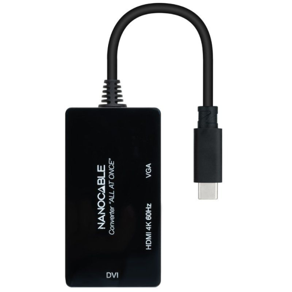 Adaptador Nanocable 10.16.4301-ALL/ USB Tipo-C Macho - HDMI Hembra - DVI-D Hembra - VGA Hembra/ 20cm/ Negro