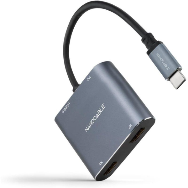 Conversor Nanocable 10.16.4305/ USB Tipo-C Macho / 2x HDMI Hembra - USB Tipo-C PD Hembra - USB Hembra/ 15cm/ Gris