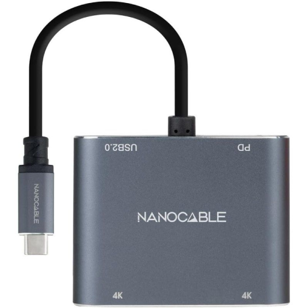 Conversor Nanocable 10.16.4305/ USB Tipo-C Macho / 2x HDMI Hembra - USB Tipo-C PD Hembra - USB Hembra/ 15cm/ Gris