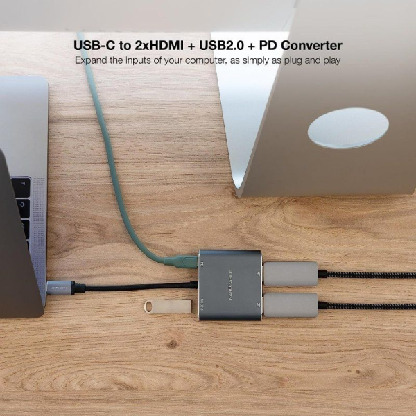 Conversor Nanocable 10.16.4305/ USB Tipo-C Macho / 2x HDMI Hembra - USB Tipo-C PD Hembra - USB Hembra/ 15cm/ Gris