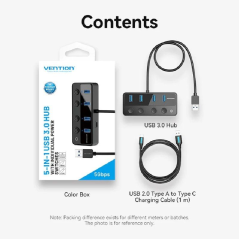 Hub USB 3.0 Vention CHWBF/ 4xUSB/ Incluye cable Carga USB Macho - USB Tipo-C Macho