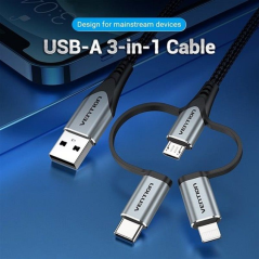 Cable USB Tipo-C Vention CQJHF/ USB Macho/ USB Tipo-C Macho - MicroUSB Macho - Lightning Macho/ 1m/ Gris