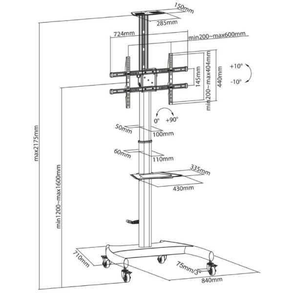 Soporte de Pie Inclinable/ Giratorio con Ruedas y Manivela Aisens FT70TE-169 para TV 37-70'/ hasta 50kg