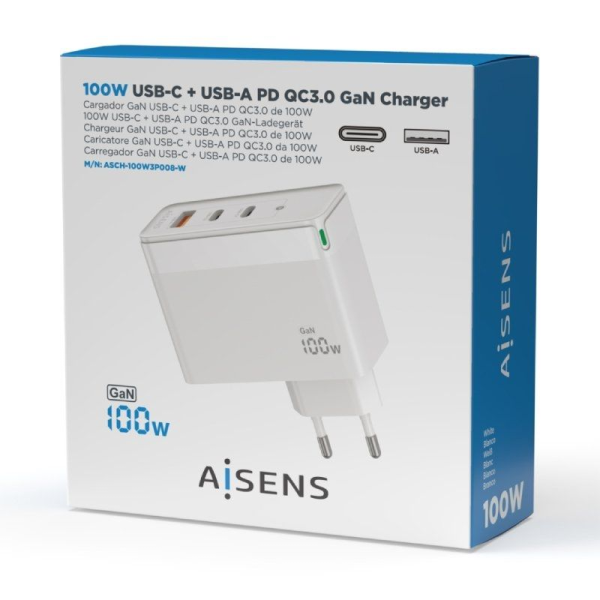 Cargador de Pared Aisens ASCH-100W3P008-W/ 2xUSB Tipo-C/ 1x USB/ 100W