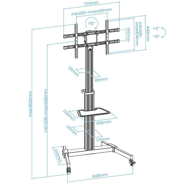 Soporte de Pie Inclinable con Ruedas TooQ FS1886M-B para TV de 37-86'/ hasta 50kg