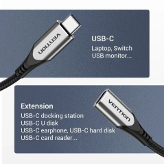 Cable Alargador USB 3.1 Tipo-C Vention TABHF/ USB Tipo-C Macho - USB Tipo-C Hembra/ 1m/ Gris
