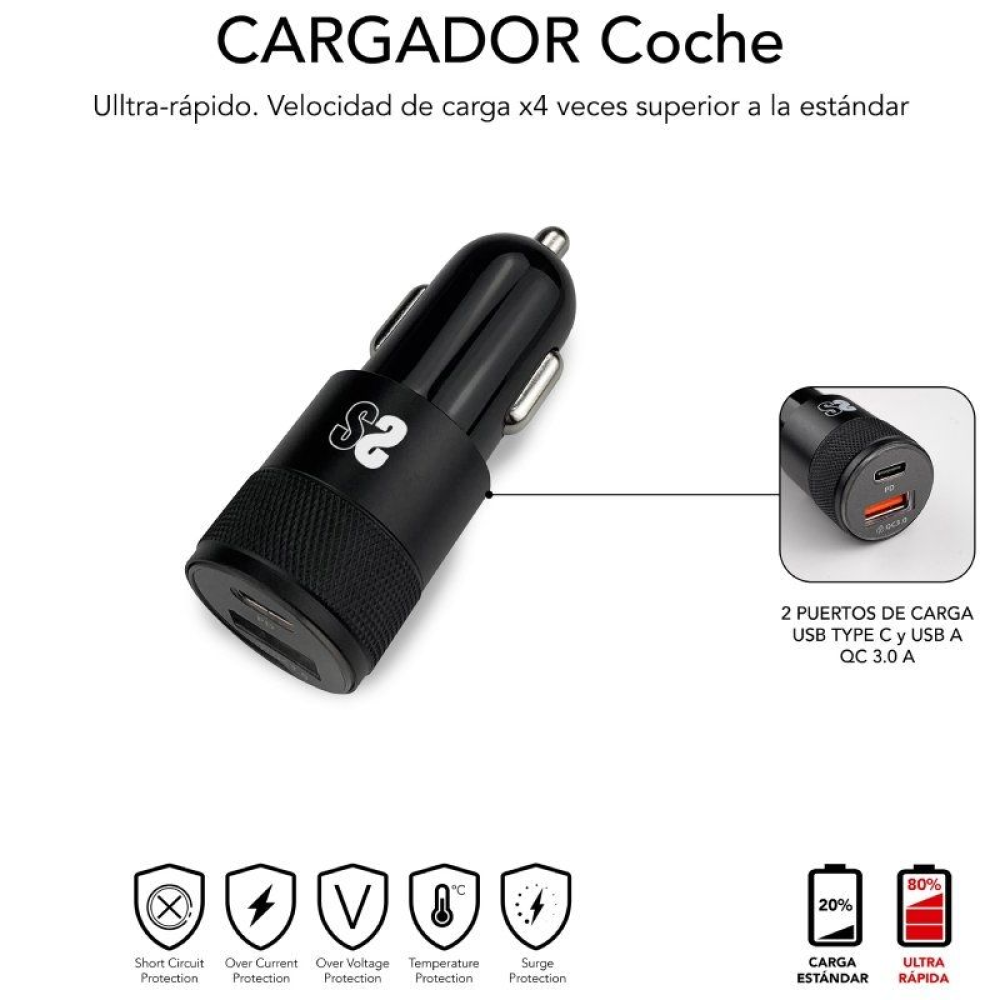 Subblim Cargador Coche Dual PD20W+QC3.0+C to C/Lightning cable - Carga  Rápida 