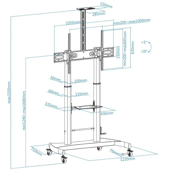 Soporte de Pie Inclinable/Nivelable con Ruedas TooQ FS20404HM-B para TV de 60-100'/ hasta 100kg