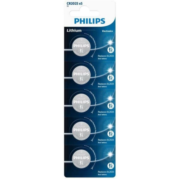 Pack de 5 Pilas de Botón Philips CR2025P5/01B Lithium/ 3V