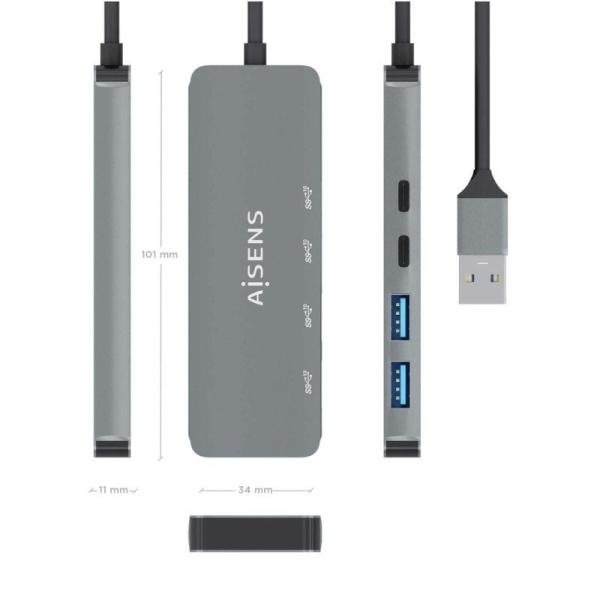 Hub USB 3.2 Aisens A106-0696/ 2xUSB/ 2xUSB Tipo-C/ Gris