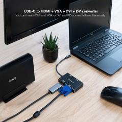 Conversor Nanocable 10.16.4307/ USB Tipo-C Macho - VGA Hembra/ DVI Hembra/ HDMI Hembra/ DisplayPort Hembra/ 10cm/ Negro
