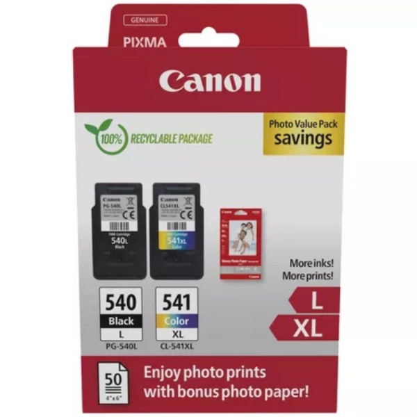 Cartucho de Tinta Original Canon PG-540L + CL-541 XL Multipack Alta Capacidad/ Negro/ Tricolor + Papel Fotográfico