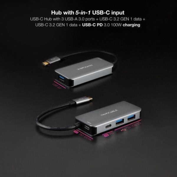 Hub USB 3.2 Gen1 Nanocable 10.16.1005/ 3xUSB/ 1xUSB Tipo-C/ 1xUSB Tipo-C PD