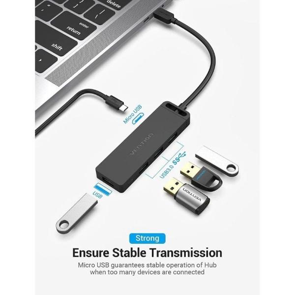 Hub USB Tipo-C Vention TGKBD/ 4xUSB/ 1xMicroUSB PD/ 50cm