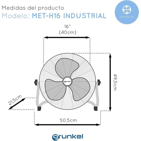 Ventilador de Suelo Industrial Grunkel MET-H16INDUSTRIAL/ 90W/ 3 Aspas 40cm/ 3 Velocidades