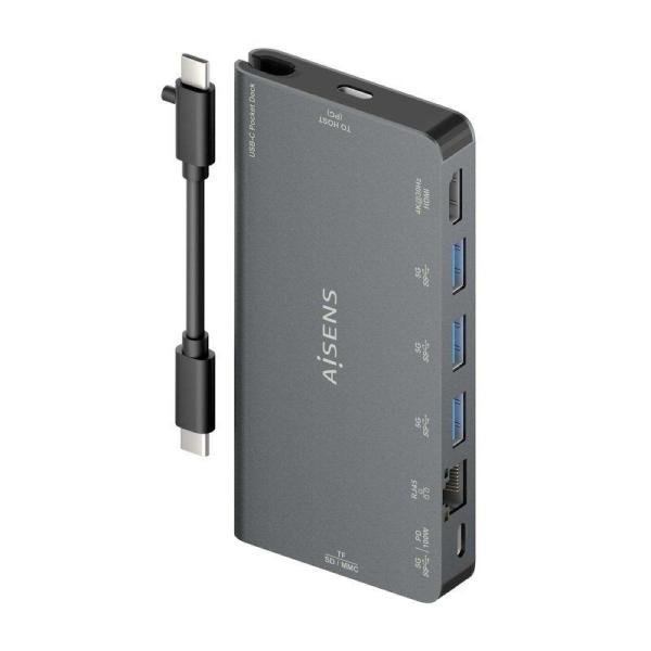 Docking USB Tipo-C Aisens ASUC-8P015-GR/ 1xHDMI/ 3xUSB/ 1xRJ45/ 1xLector Tarjetas / 1xUSB Tipo-C/ Gris