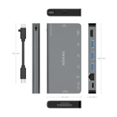 Docking USB Tipo-C Aisens ASUC-8P015-GR/ 1xHDMI/ 3xUSB/ 1xRJ45/ 1xLector Tarjetas / 1xUSB Tipo-C/ Gris