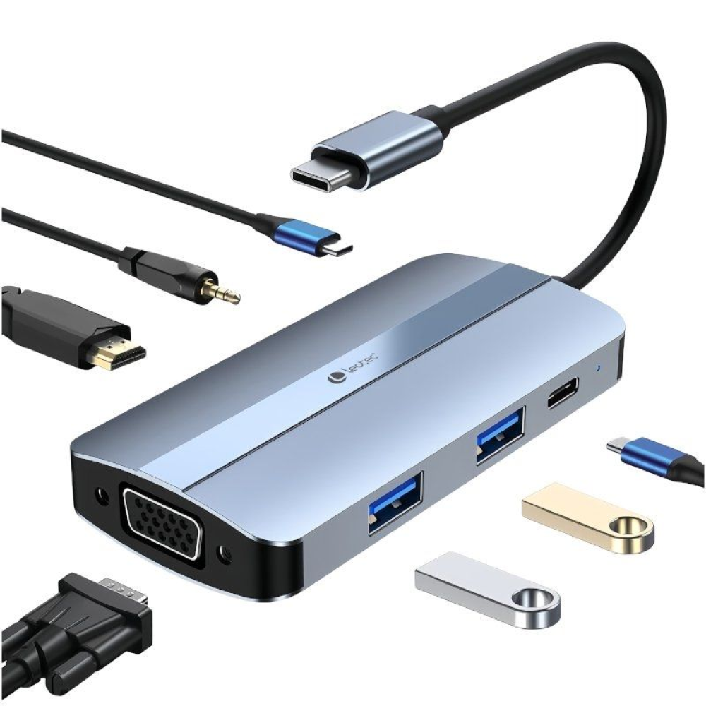 Docking USB Tipo-C Leotec LEDS04/ 2xUSB/ 1xUSB Tipo-C/ 1xUSB Tipo-C PD/ 1xHDMI/ 1xVGA/ 1xAudio/ Azul