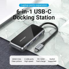 Docking USB Tipo-C Vention TFJHB/ 1xHDMI 4K/ 3xUSB/ 1xVGA/ 1xUSB Tipo-C PD/ Gris