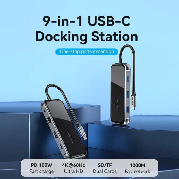 Docking USB Tipo-C Vention TFLHB/ 1xHDMI 4K/ 3xUSB/ 1xRJ45/ 1xLector de Tarjetas/ 1xTRRS 3.5/ 1xUSB Tipo-C PD/ Gris