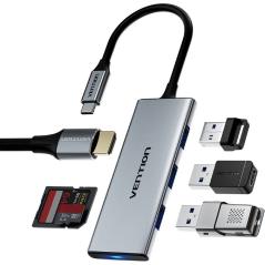 Docking USB Tipo-C Vention TOPHB/ 1xHDMI/ 3xUSB/ 1xLector Tarjetas SD y MicroSD/ Gris