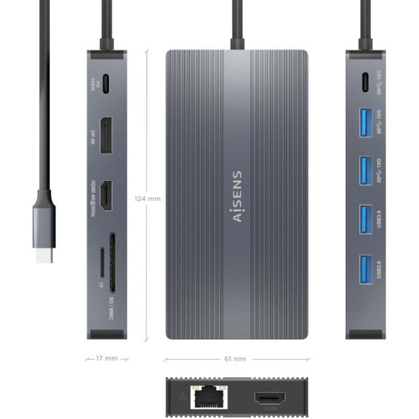 Docking USB Tipo-C Aisens ASUC-12P017-GR/ 2xHDMI/ 4xUSB/ 1xUSB Tipo-C/ 1xRJ45/ 1xDisplayPort/ 1xLector Tarjetas/ 1xUSB Tipo-C PD