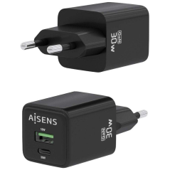 Cargador Gan de Pared Aisens ASCH-30W2P038-BK/ 1xUSB Tipo-C/ 1xUSB/ 30W