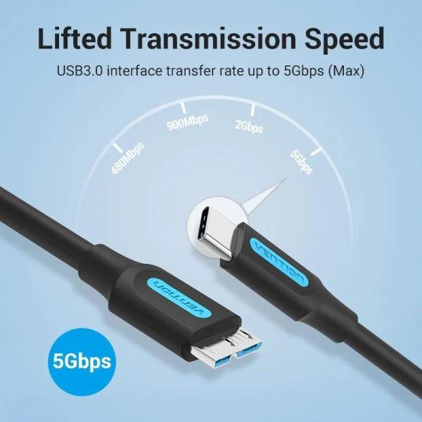 Cable USB 3.0 Vention CQABD/ microUSB Macho - USB Tipo-C Macho/ 5Gbps/ 50cm/ Negro