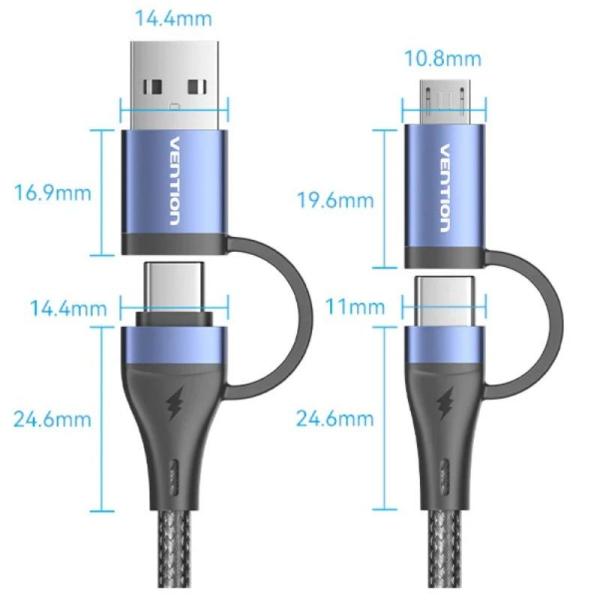 Cable USB 2.0 Tipo-C Vention CTLLF/ USB Tipo-C Macho - USB Macho/ MicroUSB Macho - USB Tipo-C Macho/ Hasta 100W/ 480Mbps/ 1m/ Ne