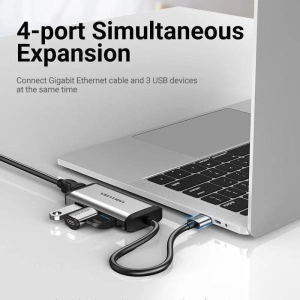 Hub USB 3.0 Vention CKBHB/ 3xUSB/ 1xRJ45/ Gris