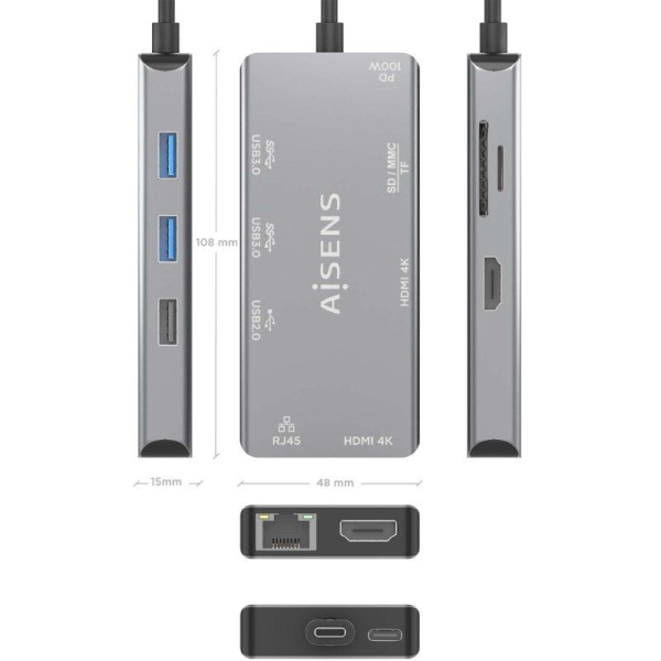 Docking USB Tipo-C Aisens ASUC-9P018-GR/ 2xHDMI/ 3xUSB/ 1xRJ45/ 1xLector Tarjetas/ 1xUSB Tipo-C PD/ Gris