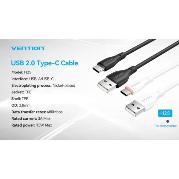 Cable USB Tipo-C Vention H25WF/ USB Tipo-C Macho - USB Macho/ 15W/ 480Mbps/ 1m/ Blanco