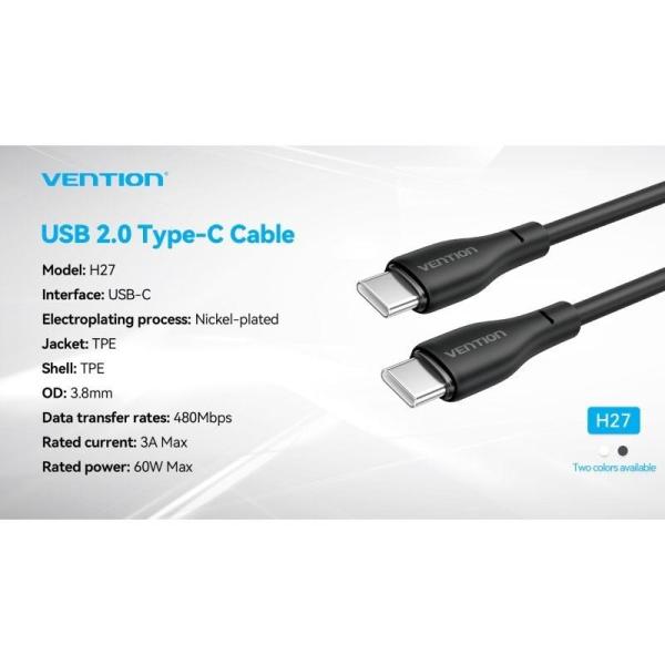 Cable USB Tipo-C Vention H27WF/ USB Tipo-C Macho - USB Tipo-C Macho/ 60W/ 480Mbps/ 1m/ Blanco