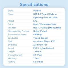 Cable USB Tipo-C Lightning Vention LALWH/ USB Tipo-C Macho - Lightning Macho/ 27W/ 480Mbps/ 2m/ Blanco