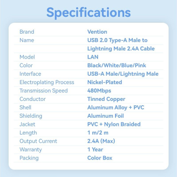 Cable USB Lightning Vention LANBH/ USB Macho - Lightning Macho/ 480Mbps/ 1m/ Rosa