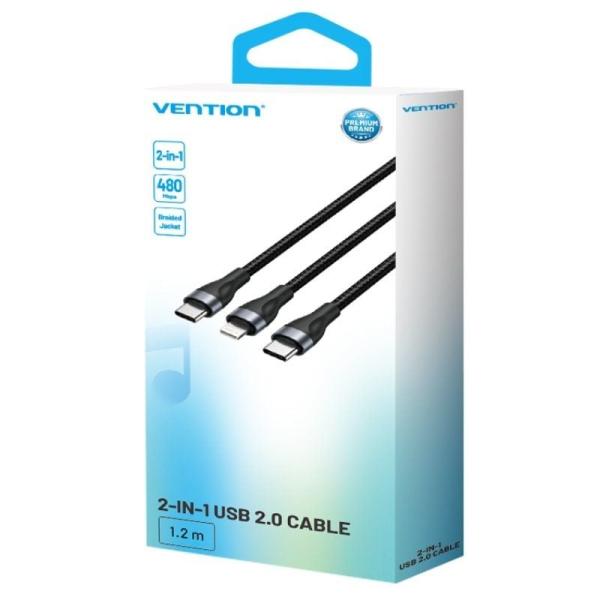 Cable USB Tipo-C Vention H17BAV/ USB Tipo-C Macho - Lightning Macho/ USB Tipo-C Macho/ 60W/ 480Mbps/ 1.2m/ Negro