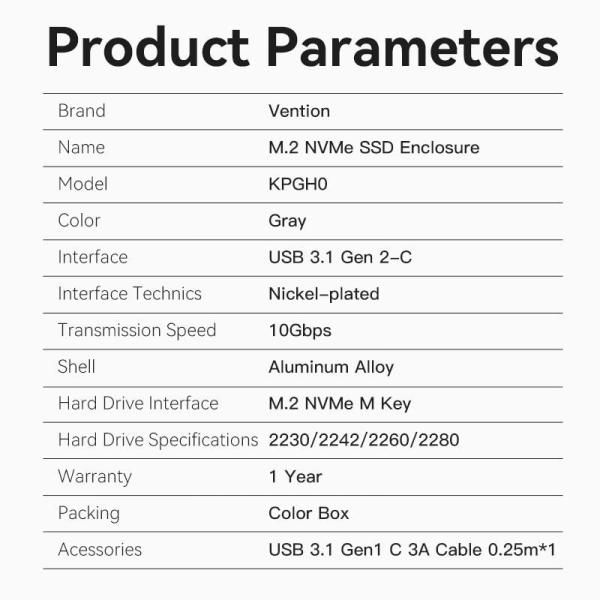 Caja Externa para Disco SSD M.2 NVMe Vention USB Tipo-C  KPGH0/ USB 3.1 Gen2/ Sin tornillos