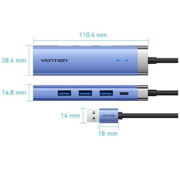 Hub USB 3.0 Vention TGFSB/ 3xUSB/ 1xRJ45/ 1xUSB Tipo-C PD