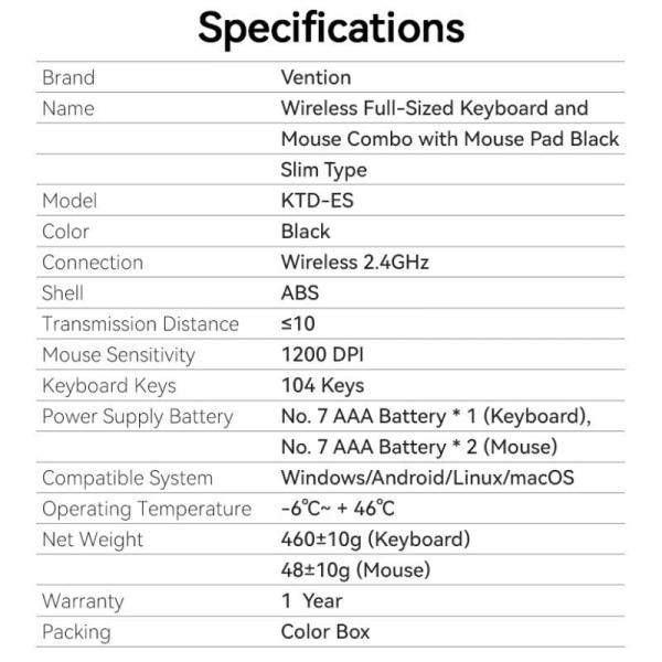 Teclado y Ratón Vention Combo KTDB0-ES/ Negro