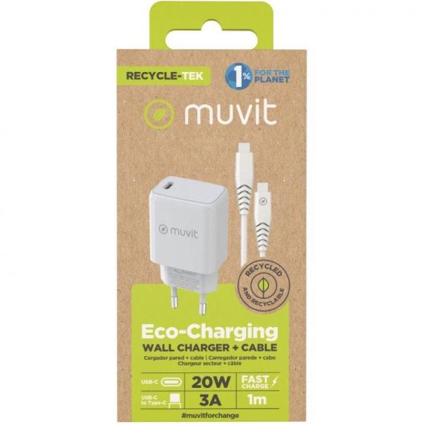 Cargador de Pared Muvit For Change MCPAK0044/ 1xUSB Tipo-C + Cable USB Tipo-C/ 20W