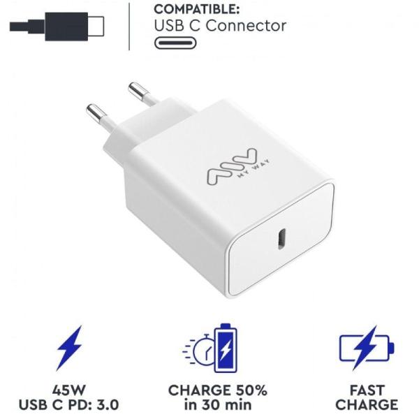 Cargador de Pared Myway MWACC0018/ 1xUSB Tipo-C/ 45W