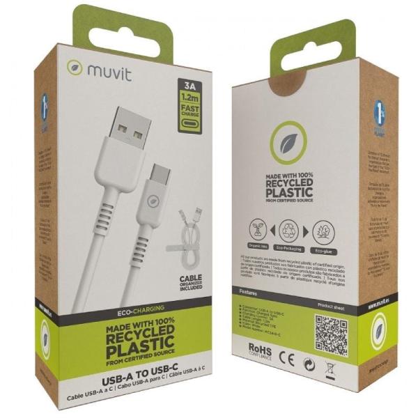 Cable USB 2.0 Tipo-C Muvit For Change MCUSC0003/ USB Tipo-C Macho - USB Macho/ Hasta 27W/ 1.2m/ Blanco