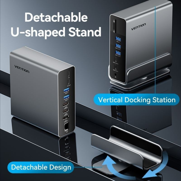 Docking USB Tipo-C Vention TPUH0/ 2xHDMI/ 1xDisplayPort/ 3xUSB Tipo-C/ 5xUSB/ 1xRJ45/ 1xLector de Tarjetas/ 1xJack 3.5/ 1xUSB Ti