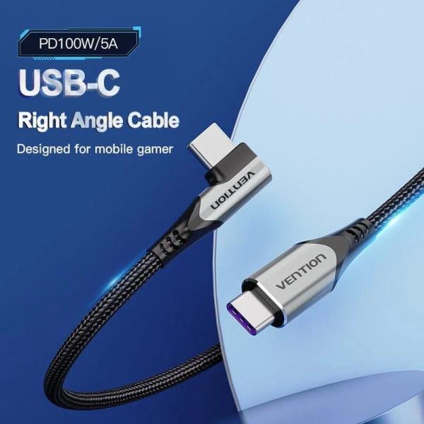 Cable USB 2.0 Tipo-C 90º Vention TAKHF/ USB Tipo-C Macho - USB Tipo-C Macho/ Hasta 100W/ 480Mbps/ 1m/ Gris