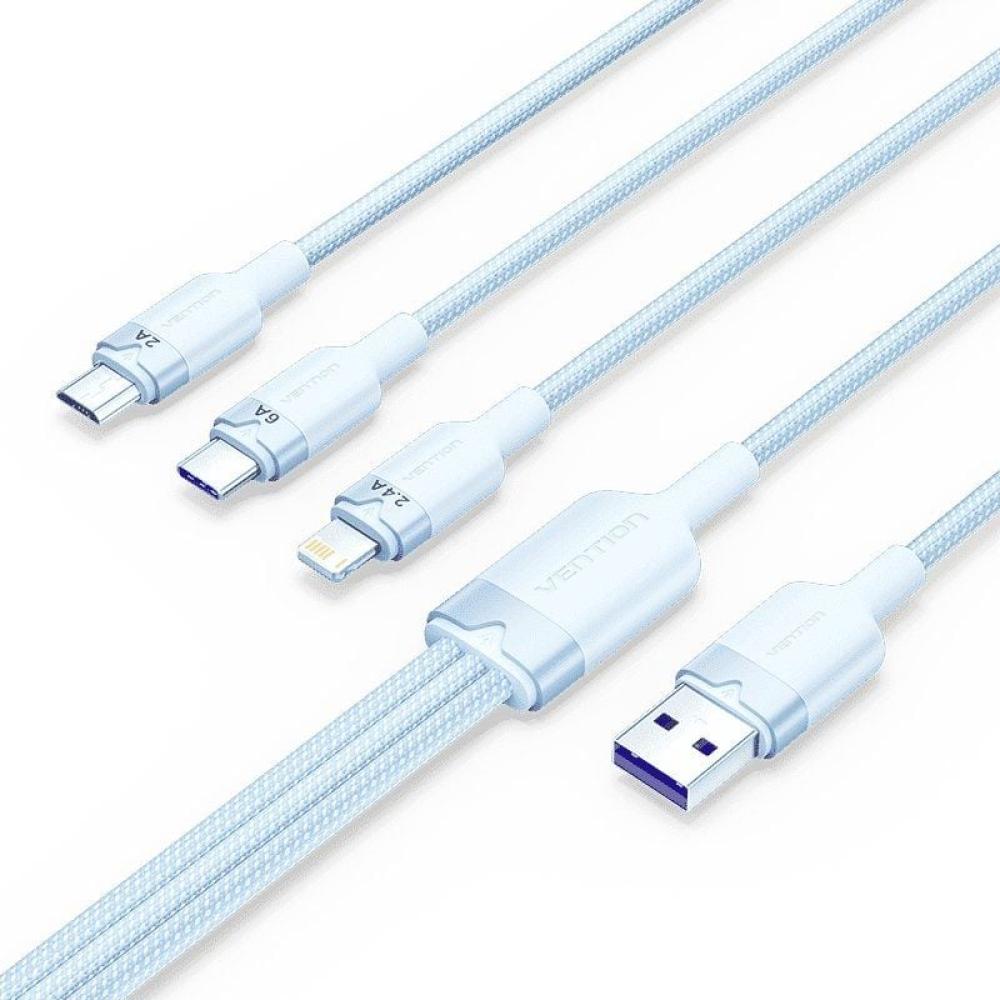 Cable USB 2.0 Lightning Vention CTPLG/ USB Macho/ USB Tipo-C Macho - MicroUSB Macho - Lightning Macho/ 1.5m/ Azul