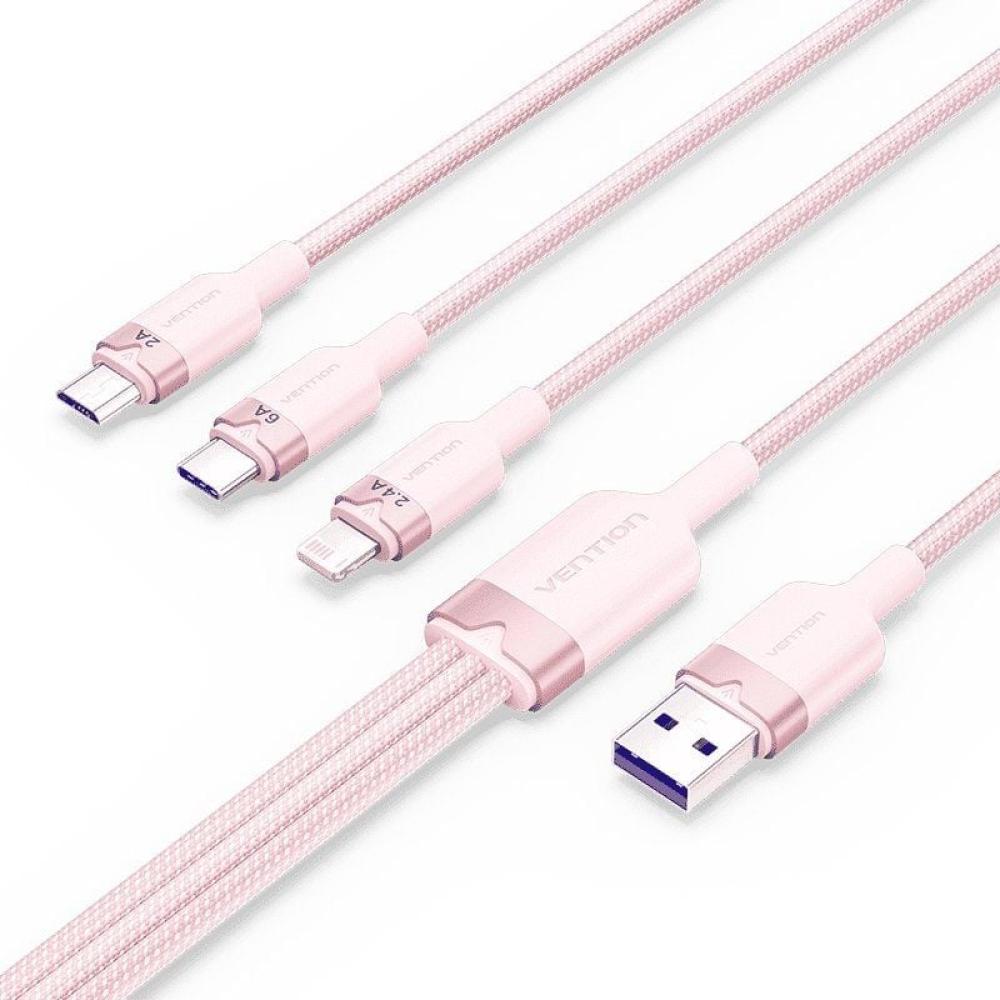 Cable USB 2.0 Lightning Vention CTPPG/ USB Macho/ USB Tipo-C Macho - MicroUSB Macho - Lightning Macho/ 1.5m/ Rosa