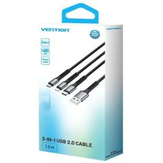 Cable USB Tipo-C Lightning Vention H18BAV/ USB Tipo-C Macho/ Lightning Macho - MicroUSB Macho - USB Macho/ 1.2m/ Negro