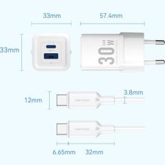 Cargador Gan de Pared Vention TZ-FEQW0-EU-01/ 1xUSB Tipo-C/ 1xUSB + Cable USB Tipo-C/ 30W