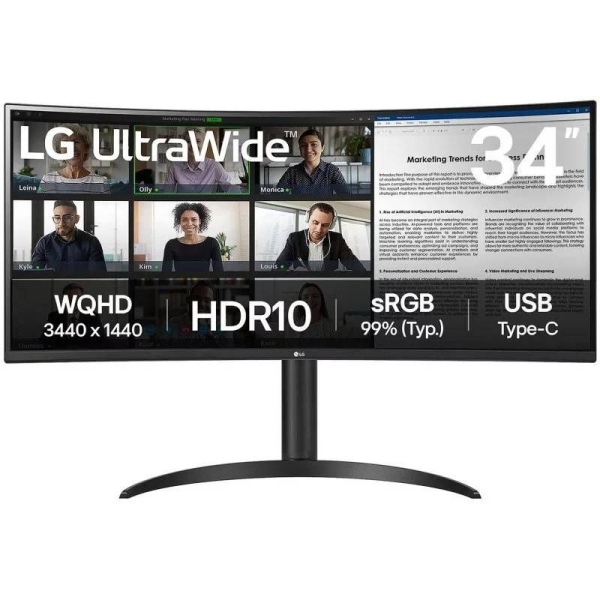 Monitor Profesional Ultrapanorámico Curvo LG 34WR55QK-B 34'/ WQHD/ Regulable en altura/ Negro